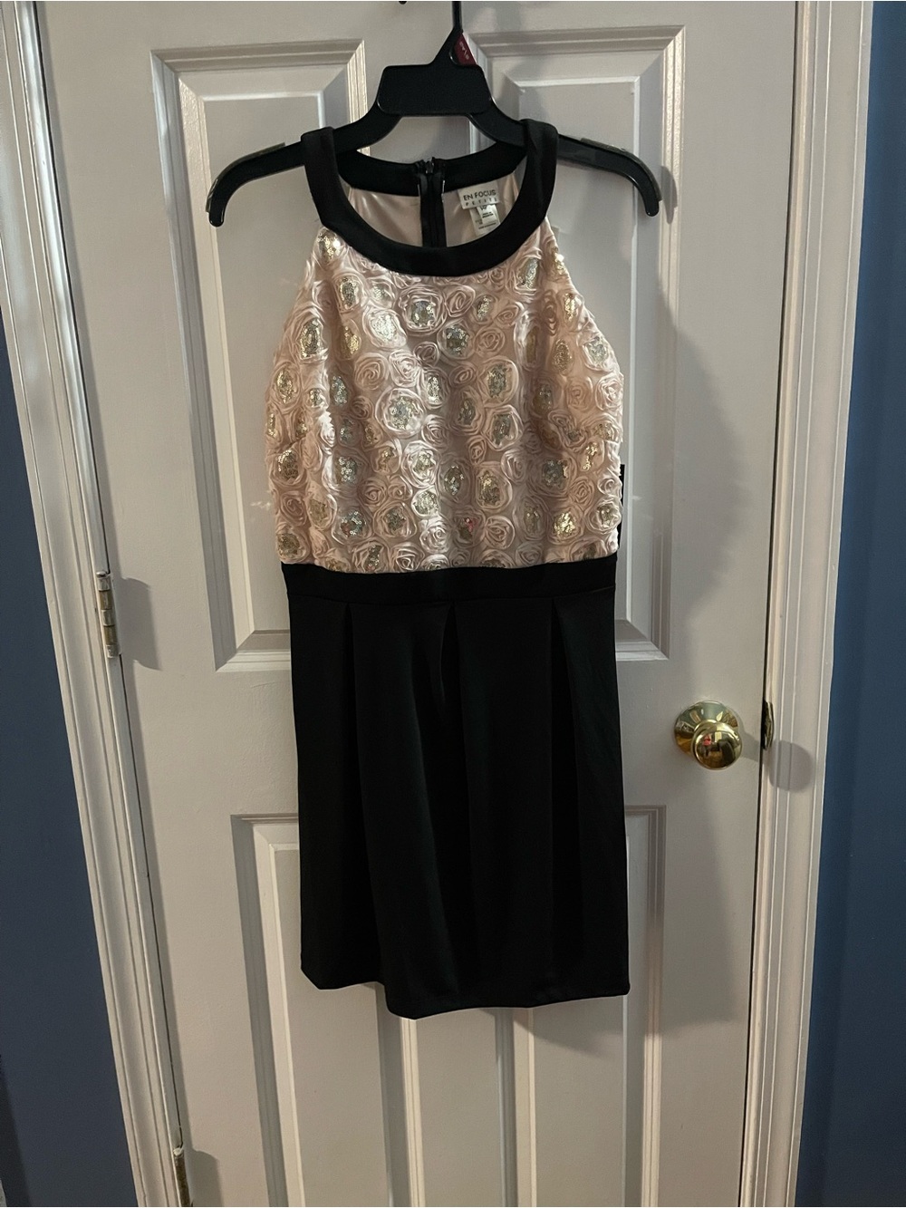 Enfocus Studio Black and Blush Rosette Halter Dress
